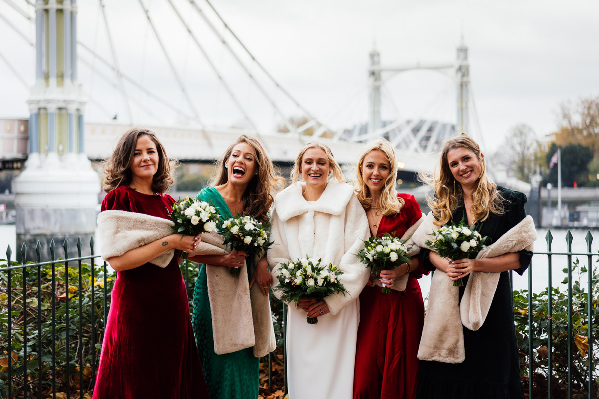 Bride and bridesmaids at Chelsea bridge
